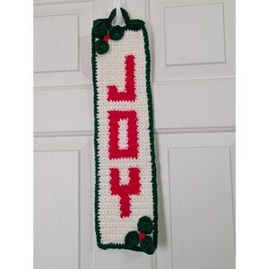 VTG Hand Crochet Yarn Knit Christmas Wall Hanging "JOY" Green White Red Holiday